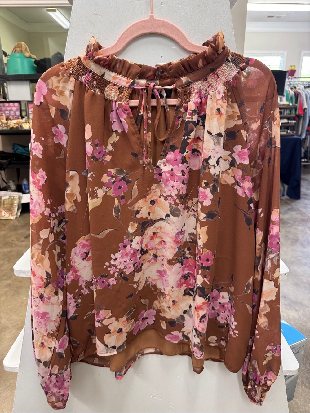 Floral Ruffle Neck Peasant Blouse - Brown/Pink